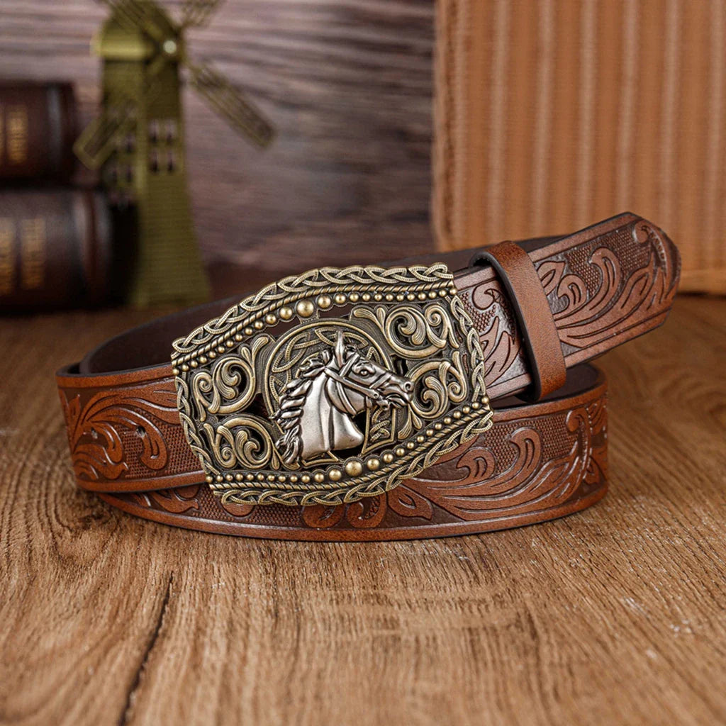 The hollowed-out lace horse-head large board buckle PU embossed belt is a trendy, fashionable and versatile belt