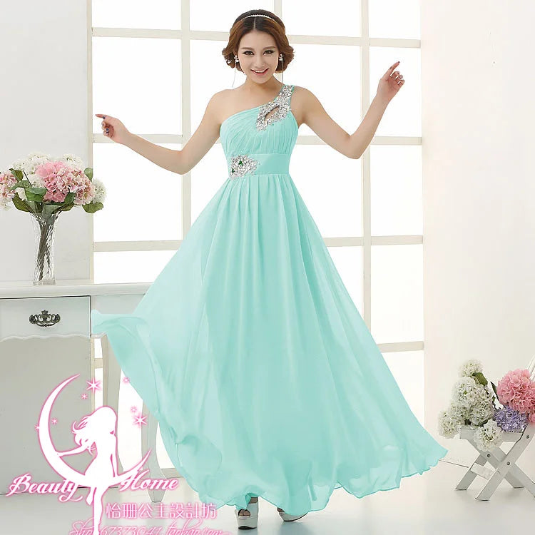 M108 Customized One Shoulder Chiffon Bridesmaid Dresses Bride Crystal Acrylic Diamond Jewelry Sexy Bespoke Occasion Dress Long