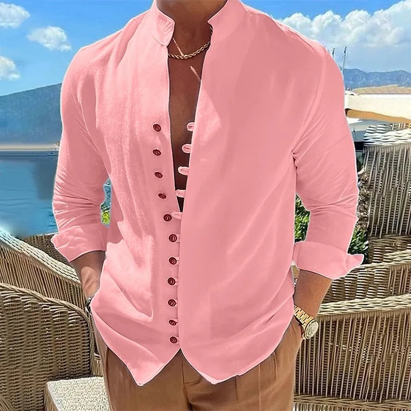 2023 New Men's Cotton Hemp Casual Loose Long Sve irt Pure Color Stand Collar Summer Faion Comfortable Clothing