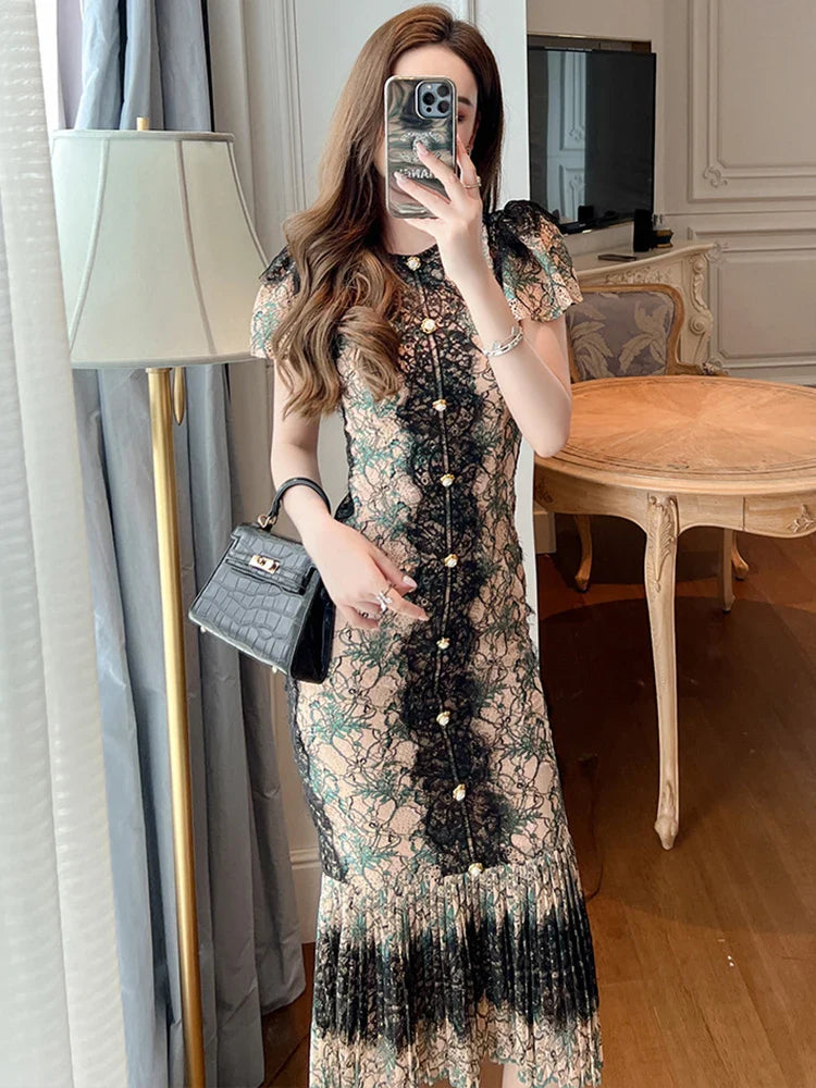 Elegant Birthday Party Dresses Women's Retro Lace Bubble Sleeve Single Breasted Pleated Skinny Fishtail Robe  Runway Vestido