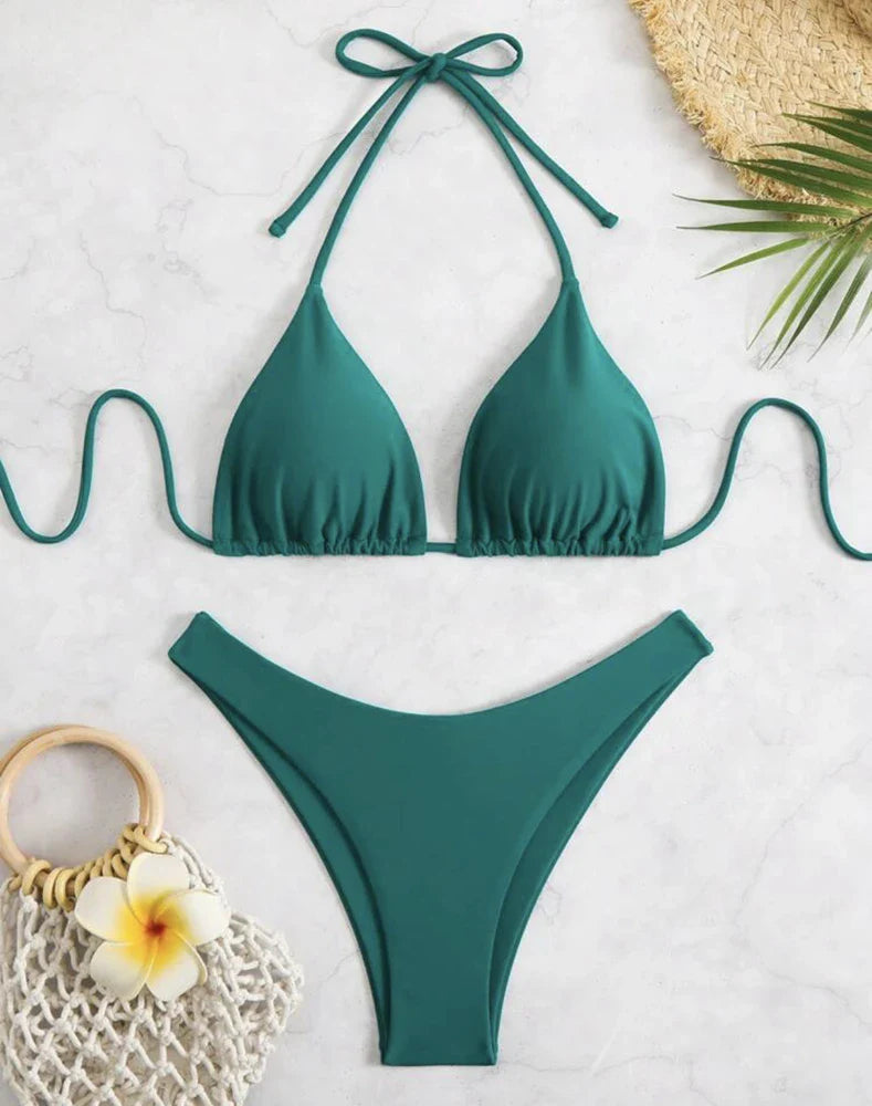 Women Thong Bikini Sexy Solid White/Black/Coffee Halter Swimsuit Lace Up Brazilian Bathing Suit 2025 New Double Fabric Beachwear