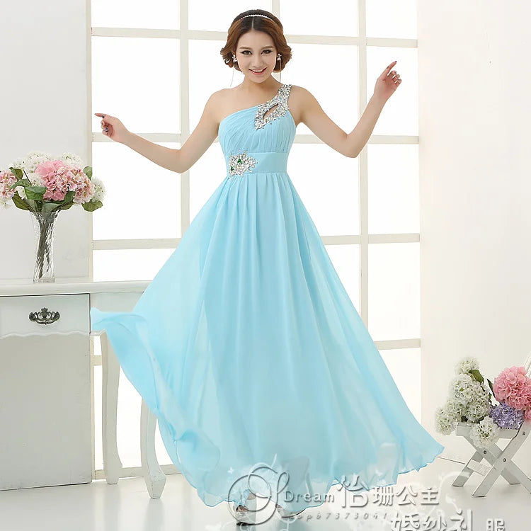 M108 Customized One Shoulder Chiffon Bridesmaid Dresses Bride Crystal Acrylic Diamond Jewelry Sexy Bespoke Occasion Dress Long