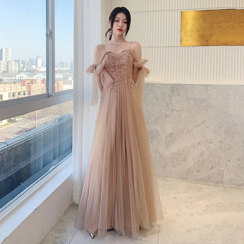 Champagne Color Maids Dr Long Sve Women's Sle Summer New Faion Simple Ele Long Silhouette Sister's up Gown