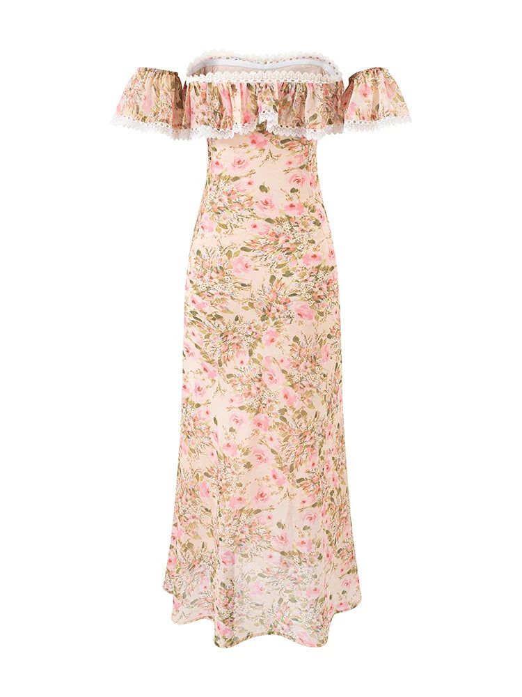 Chu Sau beauty Women New Fashion Sweet Floral Print Chic Lace Long Dress French Slash Neck Sexy Slim Backless Party Dresses