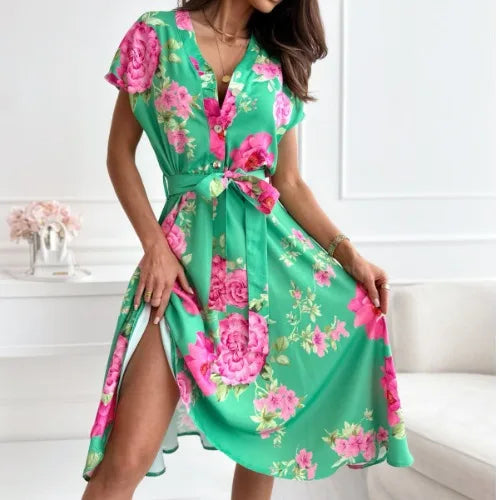 Summer New Women's Loose Slimming Midi Dr ort Sve Ele Lady Sle Floral Print Gown with  Knot