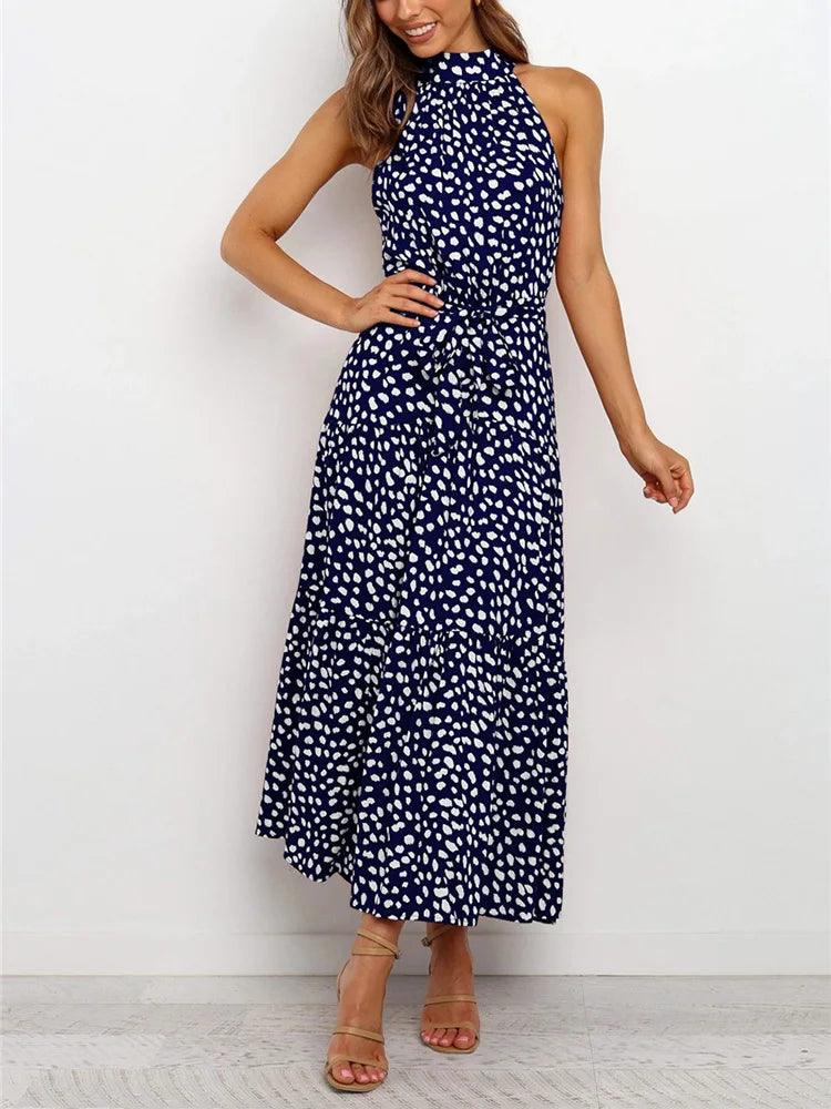 Boho Long Dress Women Flower Print Retro Party Dresses Female Shoulderless Lace Up Sleeveless Halter Summer Vintage Maxi Dress