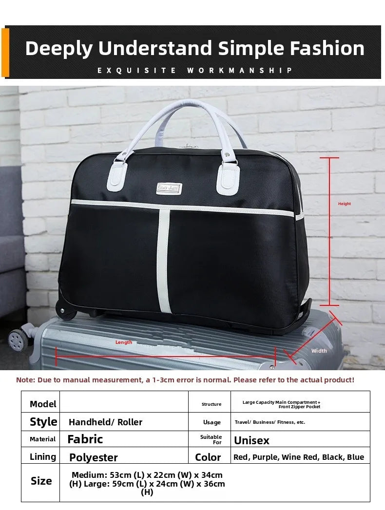 Large Capaci Travel Bag Women's Lightweight Pull Bag Portable ort Trip Hand Lage Bag with Wheels Faionable Ox Cloth