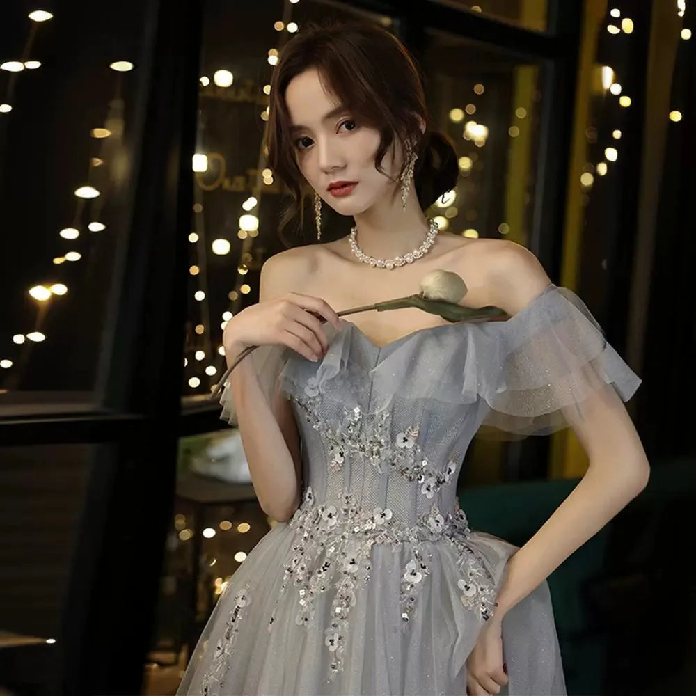 Faionable ay Blue One oulder Evening Gown Summer Season Midi Skirt Solo Singing Art Exam Ele Personali