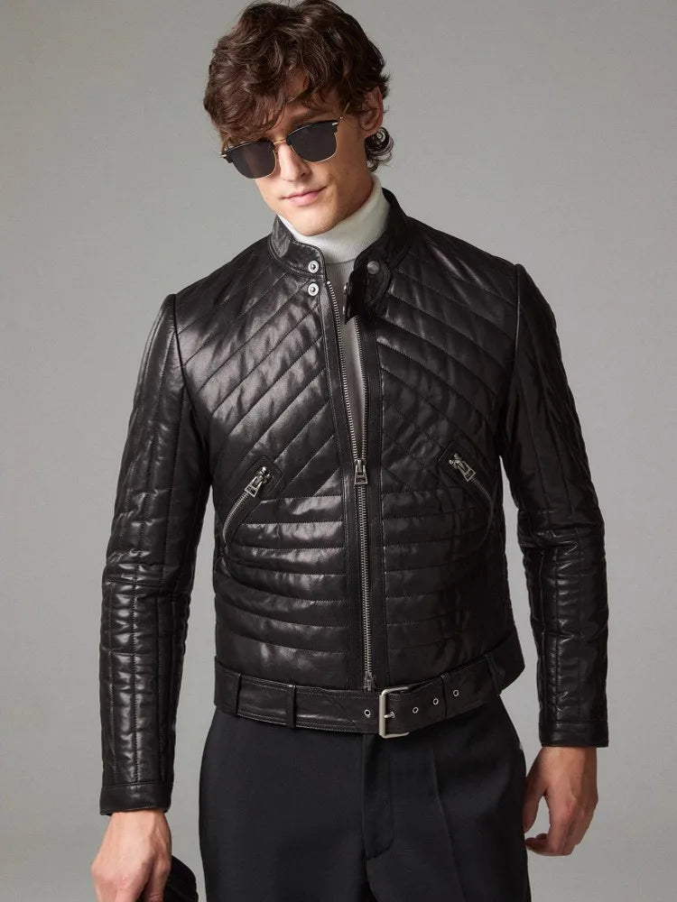 Male Genuine Leather Jacket Stand Collar Autumn Winter Zipper Slim Fit Cotton Padded Real Sheepskin Motorcycle Biker Style Coat