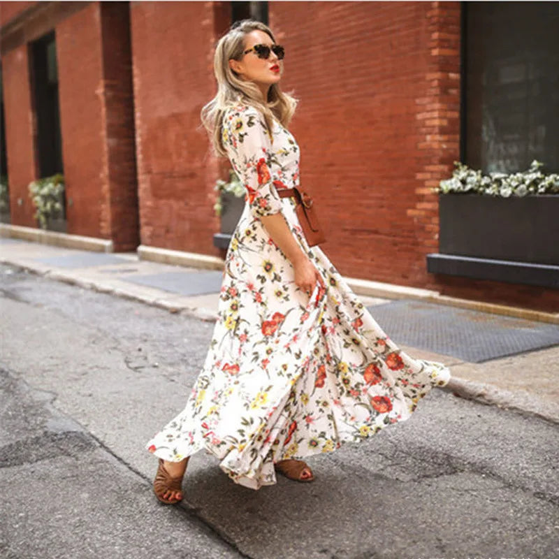 Spring Summer Vintage Flower Floral Print Maxi Dress Office Lady Fashion Elegant Long Sleeve O-neck Dresses For Women 2024