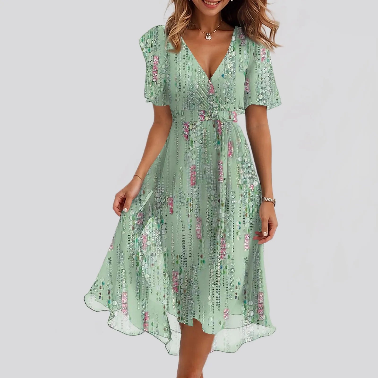 Women Summer Thin Dress Daily Casual Fashion Wrinkles V-Neck Waist Cinching A-Line Zipper Dress Lightweight Comfy Vacation Dress