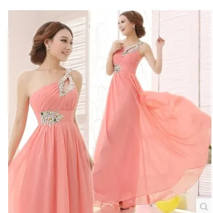M108 Customized One Shoulder Chiffon Bridesmaid Dresses Bride Crystal Acrylic Diamond Jewelry Sexy Bespoke Occasion Dress Long