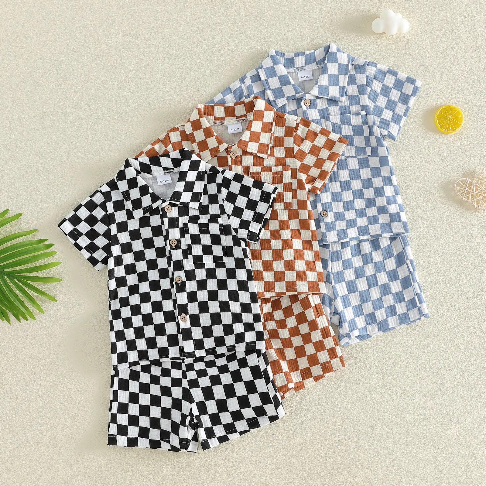 Toddler Baby Boys Summer Outfit Fashionable Plaid Short Sleeve Lapel Shirt with Shorts 2Pcs Set