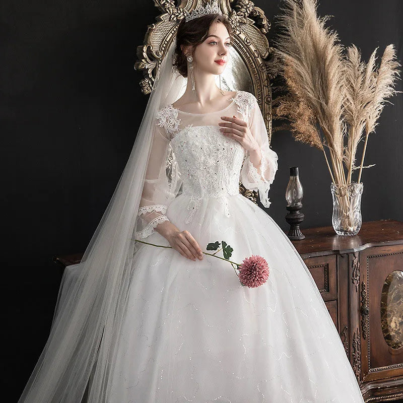 GIYSILE Wedding Dresses Large Size Evening Dress Korean Style Quarter Sleeved Flared Sleeve Temperament Main Wedding White Dress
