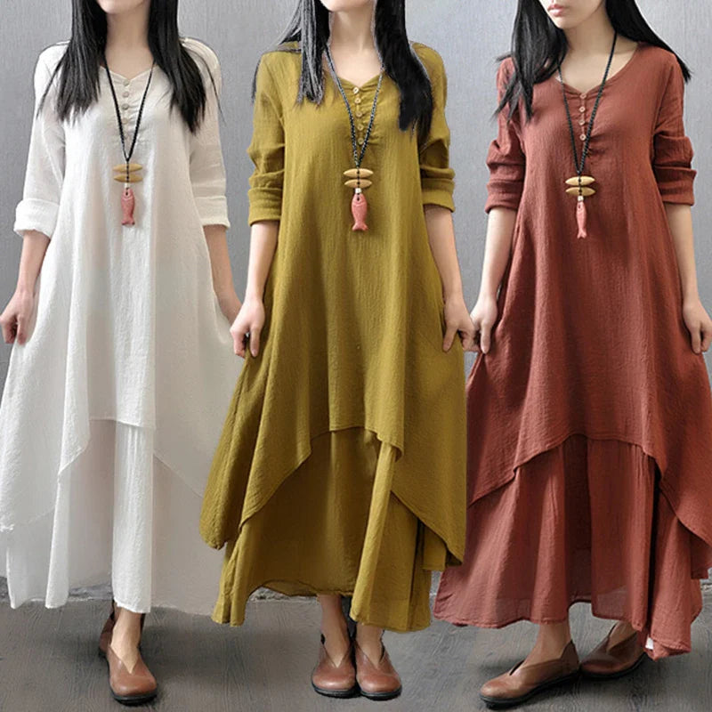Women Elegant Linen Ginger Dresses Bohemia Layering Vintage Robe Long Sleeve Loose Long Dress Female Autumn Vestidos