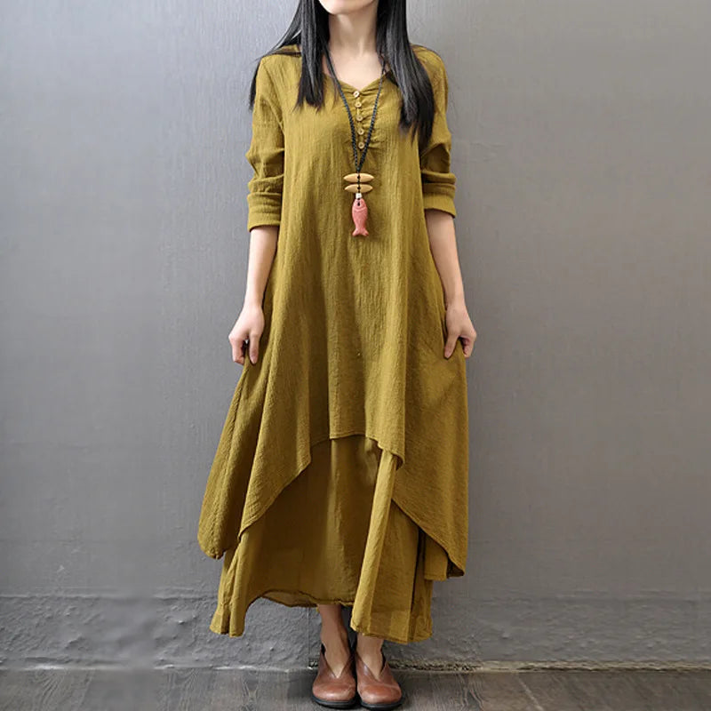 Women Elegant Linen Ginger Dresses Bohemia Layering Vintage Robe Long Sleeve Loose Long Dress Female Autumn Vestidos