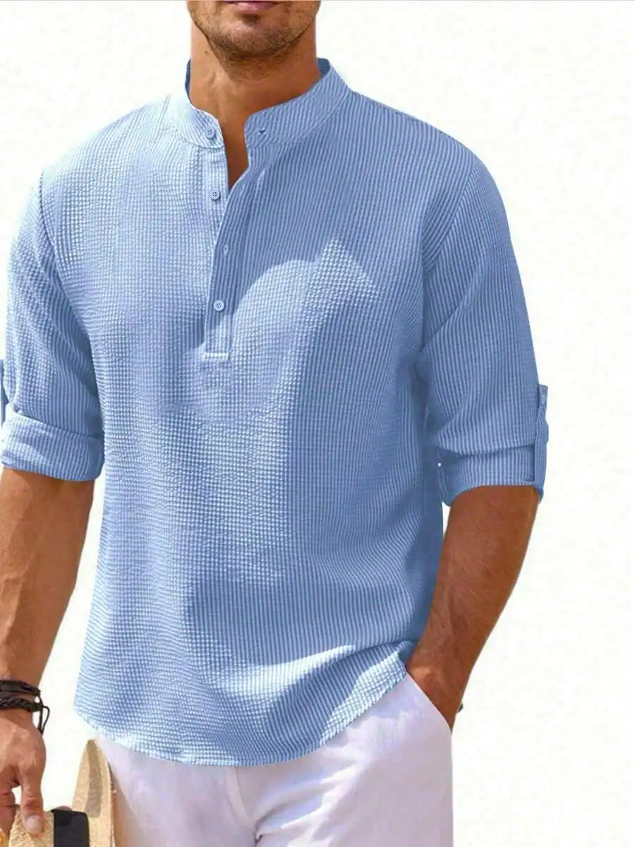 Men's Short Sleeve Henley Shirt, Striped Waffle Knit, Lightweight & Breathable for Summer Casual Wear