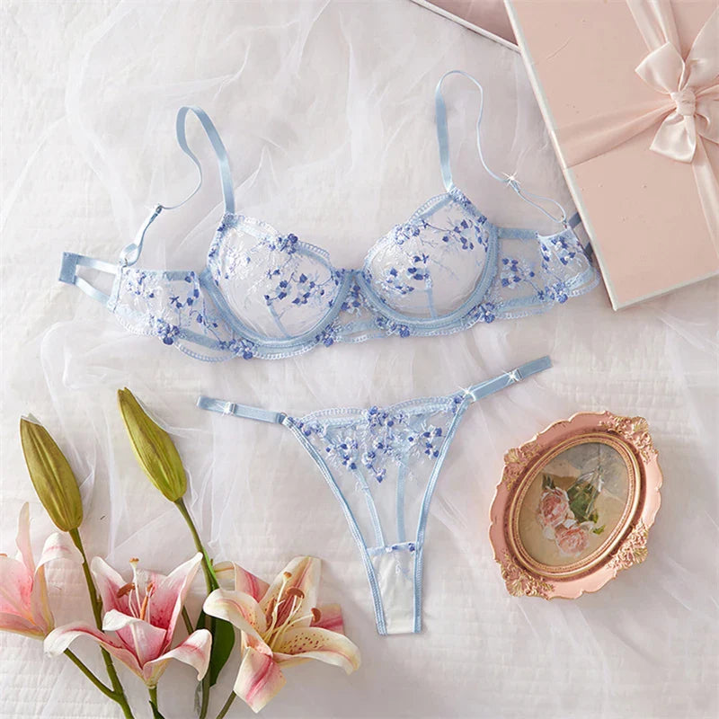 Sexy Lingerie Blue Mesh Underwear Delicate Embroidery Bra Set See Through Erotic Lingerie Romantic Intimate Underwear Sexy Set