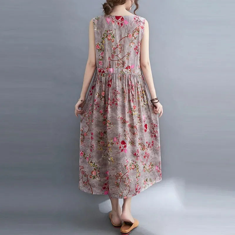 Women Summer Sleeveless Casual Dress New Arrival Vintage Style Floral Print Loose Cotton Linen Female Long Dresses V1069