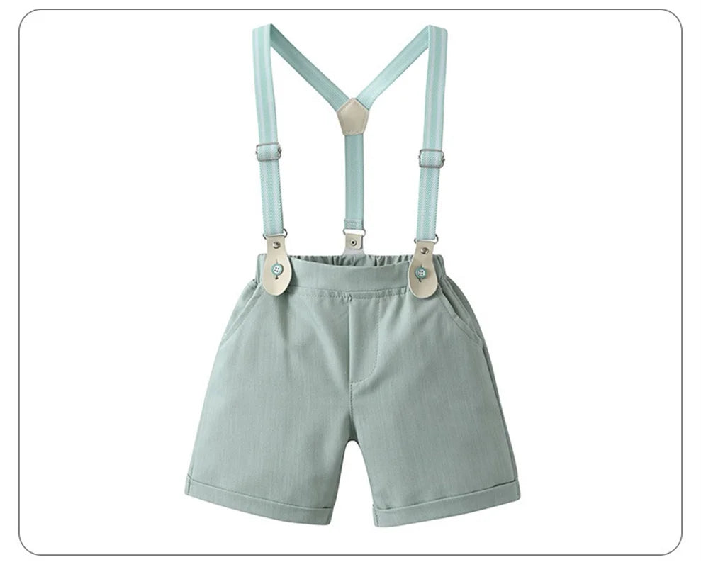 1-6Y Summer  Baby Boys Formal Costume Short Sleeve Bow Tie T-Shirt+Suspender Shorts Wedding Parties Festivals Gentleman Clothing