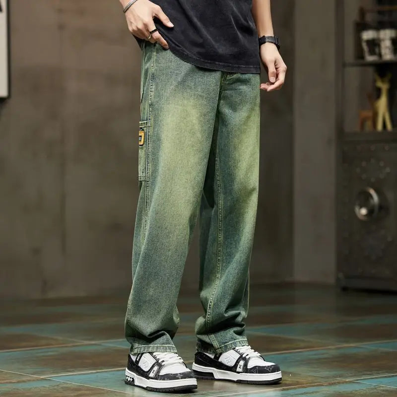 American Vintage Hip Hop High Street Summer Jeans Men's Solid Button Zipper Pockets Fashion Casual Loose Cowboy Straight Pants