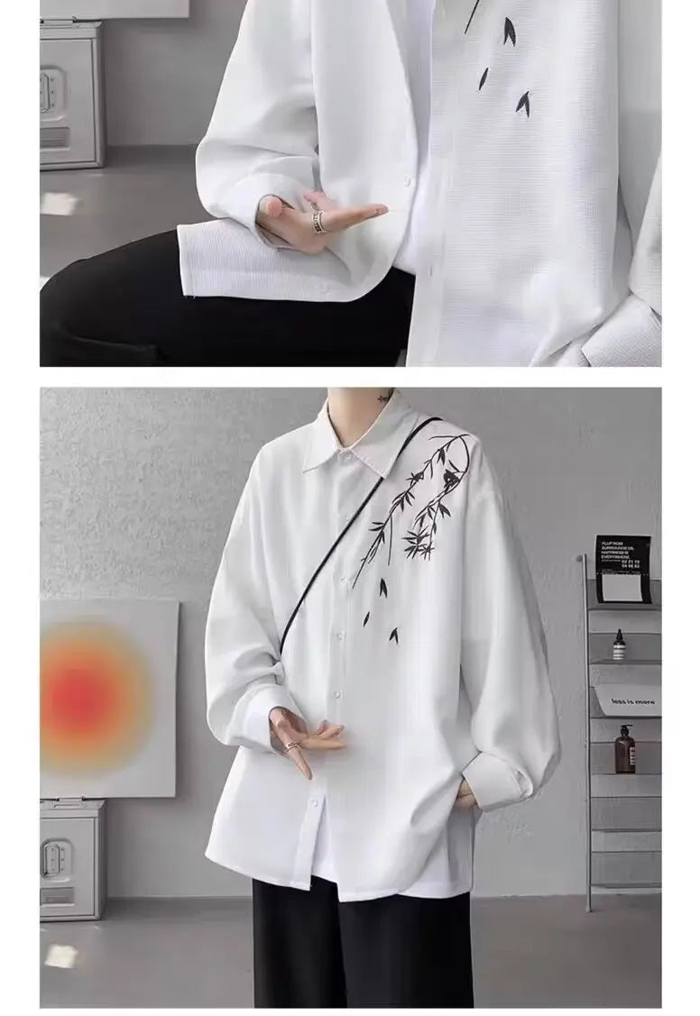 New Chinese Sle Long Sve Men's irt Embroidered Casual Thin Spring Loose Haome Cotton Flannel irt Jaet