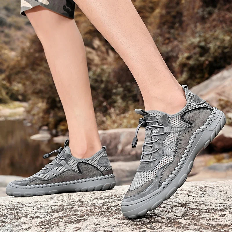 New Summer Genuine Leather Breathable Leather Sandals for Men, Mesh Sports Shoes, Non-Slip Mesh Shoes, Hiking Men's Casual Shoes