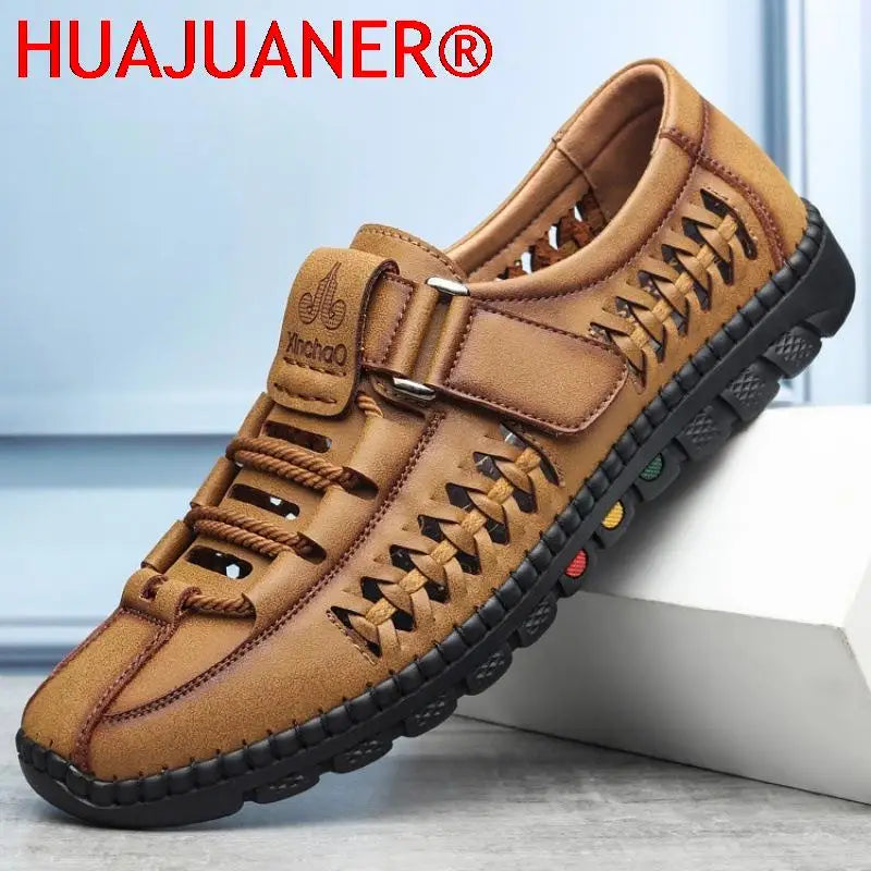 2025 Summer Men Sandals Leisure Breathable Comfort Mens Beach Shoes Fashion Solid Hand Sewn Male Flat Casual NEW Leather Sandals