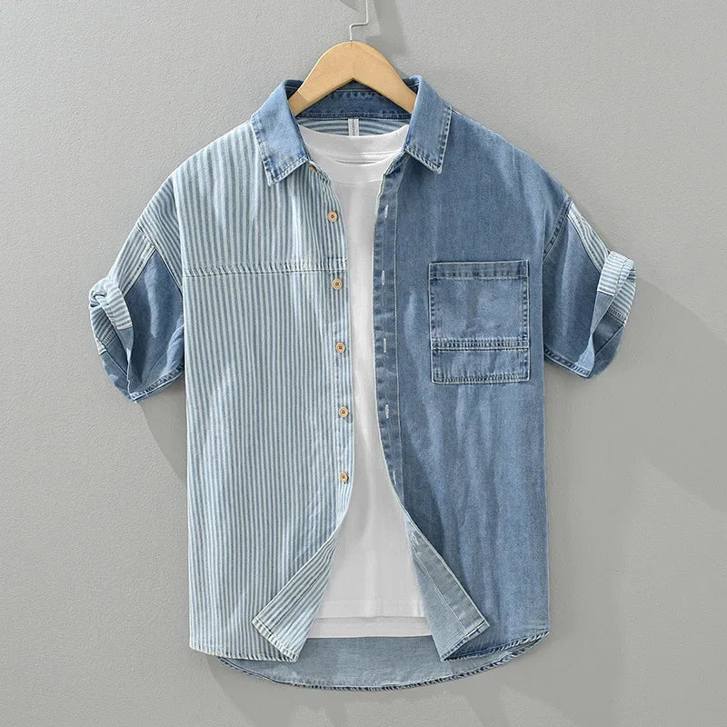 Summer New Short Sleeve Denim Shirt Men High Street Jean Tops Stripe Patchwork Designer Shirts Youth Korean Fashion Men Clothing