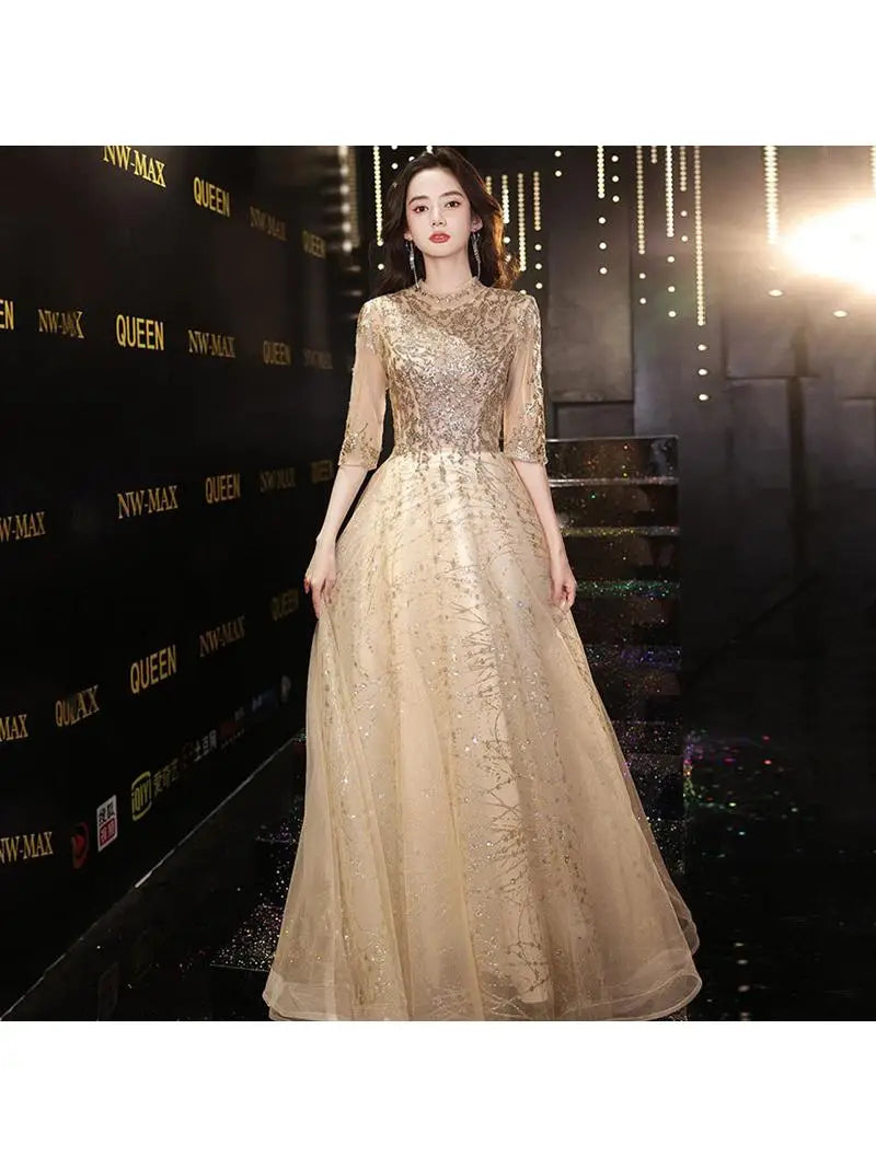 Ele Golden Evening Dr for Women Faionable Host Sle Midi Skirt Polyester Fabric Regular Sve mid Waist
