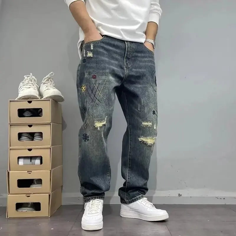 Four Seasons New Fashion Men's American High Street Hole Patched Loose Wide Leg Jeans Pants Vintage Washed Denim Trousers Male