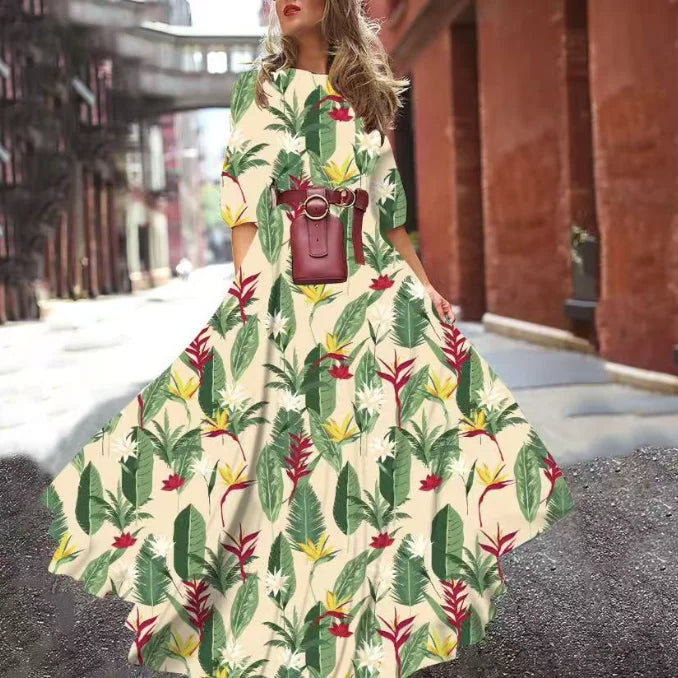 Spring Summer Vintage Flower Floral Print Maxi Dress Office Lady Fashion Elegant Long Sleeve O-neck Dresses For Women 2024