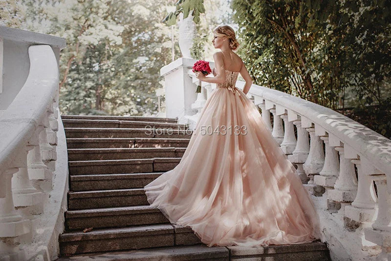 Customized Spaghetti Straps Blush Pink Tulle Wedding Dresses Sequin Lace Sleeveless Bridal Gowns Off Shoulder  de Noiva