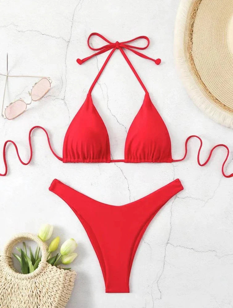 Women Thong Bikini Sexy Solid White/Black/Coffee Halter Swimsuit Lace Up Brazilian Bathing Suit 2025 New Double Fabric Beachwear