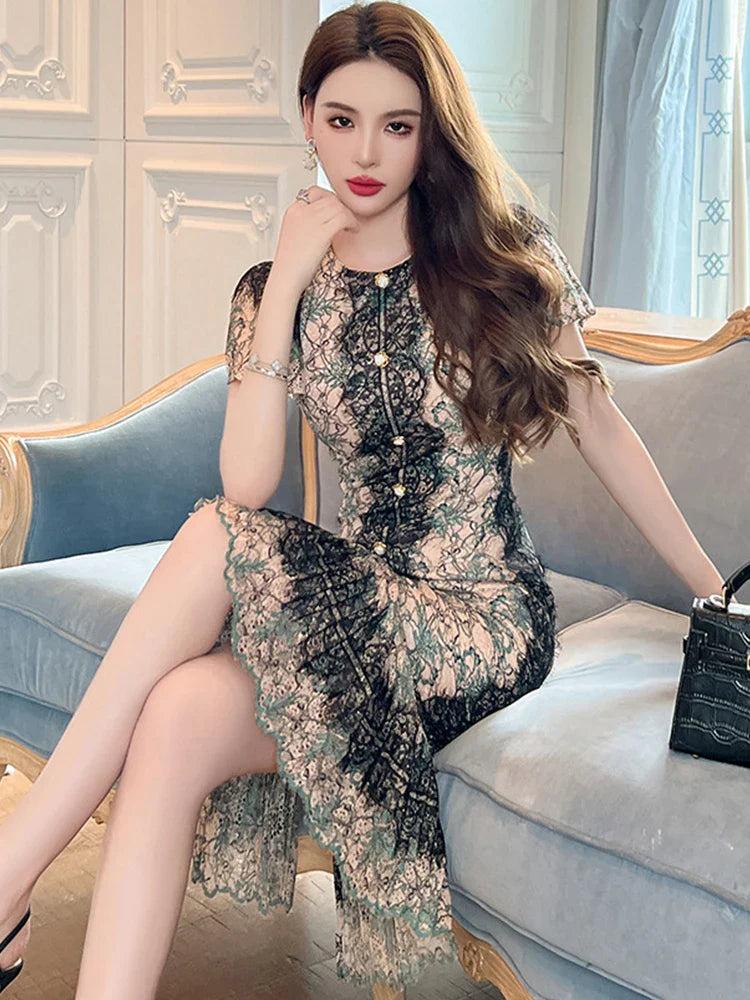 Elegant Birthday Party Dresses Women's Retro Lace Bubble Sleeve Single Breasted Pleated Skinny Fishtail Robe  Runway Vestido