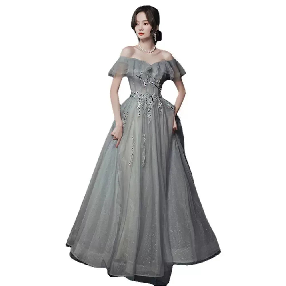 Faionable ay Blue One oulder Evening Gown Summer Season Midi Skirt Solo Singing Art Exam Ele Personali