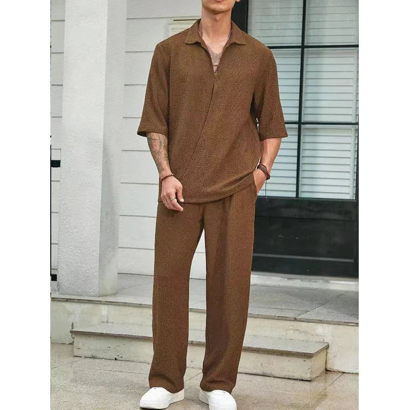Men's Summer Fashion Loose Men Suit Solid Half Sleeved T-shirt And Pants Water Wave Wrinkles Two-piece Set For Male Outfits