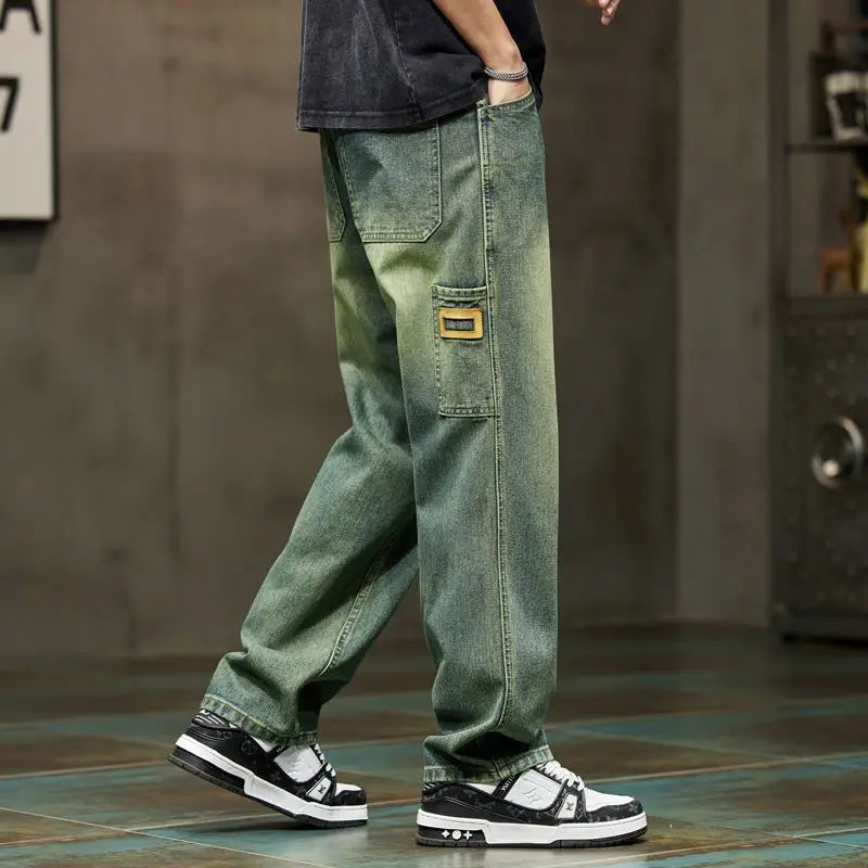 American Vintage Hip Hop High Street Summer Jeans Men's Solid Button Zipper Pockets Fashion Casual Loose Cowboy Straight Pants