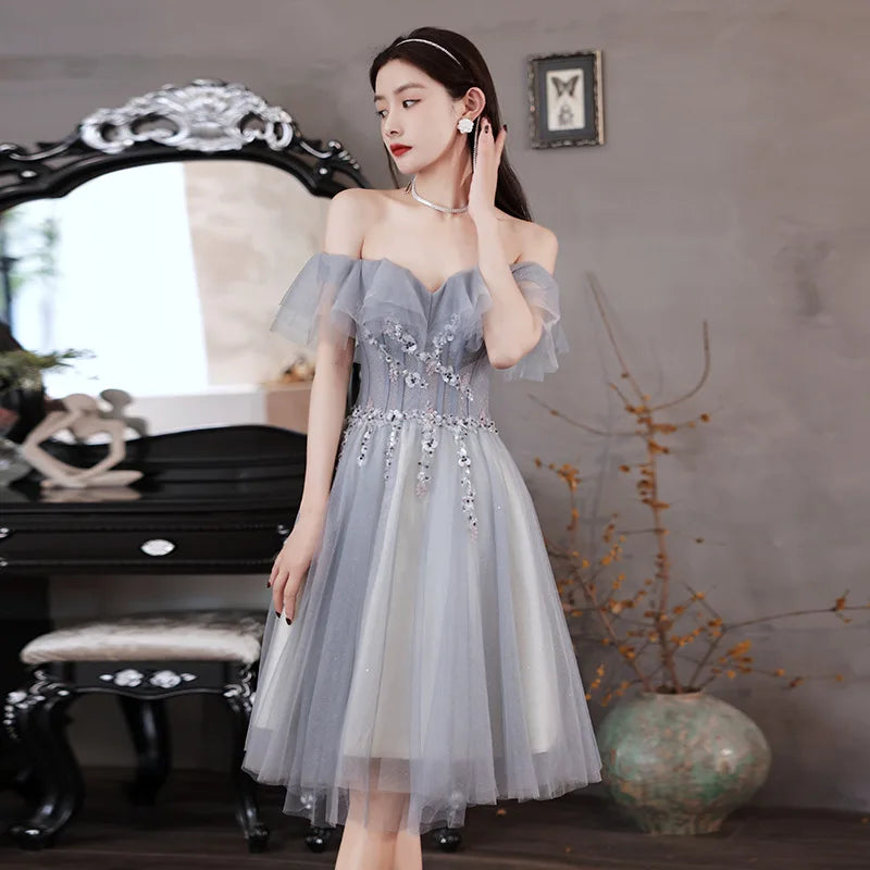 Faionable ay Blue One oulder Evening Gown Summer Season Midi Skirt Solo Singing Art Exam Ele Personali