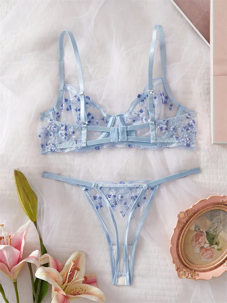 Sexy Lingerie Blue Mesh Underwear Delicate Embroidery Bra Set See Through Erotic Lingerie Romantic Intimate Underwear Sexy Set