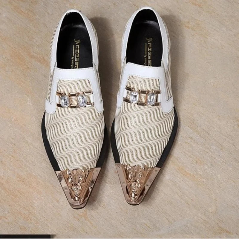 White Golden Breathable Pointy Shoes Men for Ktv Bars Leather Shoes British Men's Performance Shoes Personalized Fashion Loafers