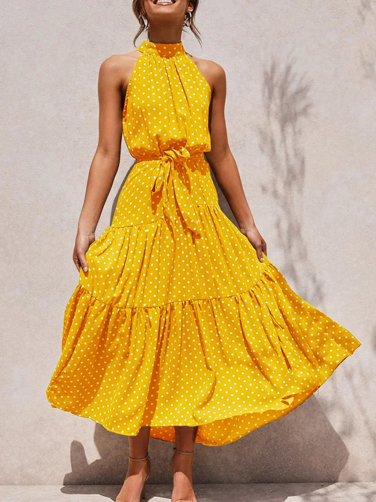 Boho Long Dress Women Flower Print Retro Party Dresses Female Shoulderless Lace Up Sleeveless Halter Summer Vintage Maxi Dress