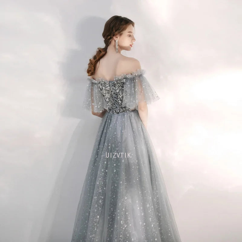 Sexy Off-Shoulder Evening Gowns New Silver Gray Evening Gowns Maix Shiny Dress Party Dresses Women Evening Vestidos De Fiesta