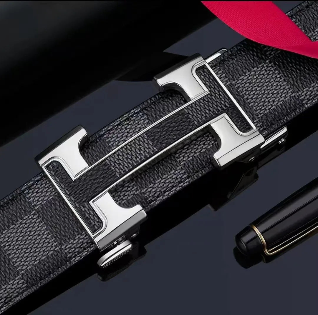 Check Pattern Leather Belt Automatic Buckle Young Fashion Casual Belt Trendy Ins Top Grain Cowhide High End Business