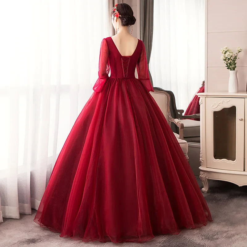 Wine long sweat half sleeve lady girl women princess bridesmaid banquet party ball prom dress gown
