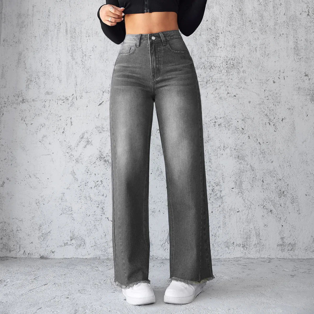 Street Sle High Waist Wide Leg Straight Jeans Women's No Stretch Denim Pants Casual Faion Pure Color Long Trousers