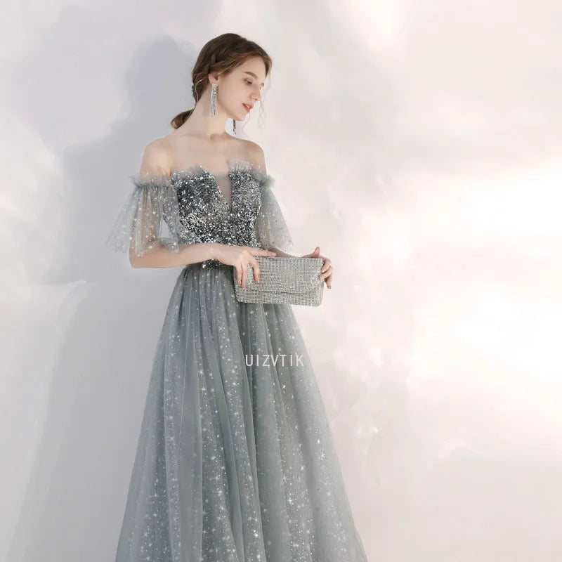 Sexy Off-Shoulder Evening Gowns New Silver Gray Evening Gowns Maix Shiny Dress Party Dresses Women Evening Vestidos De Fiesta