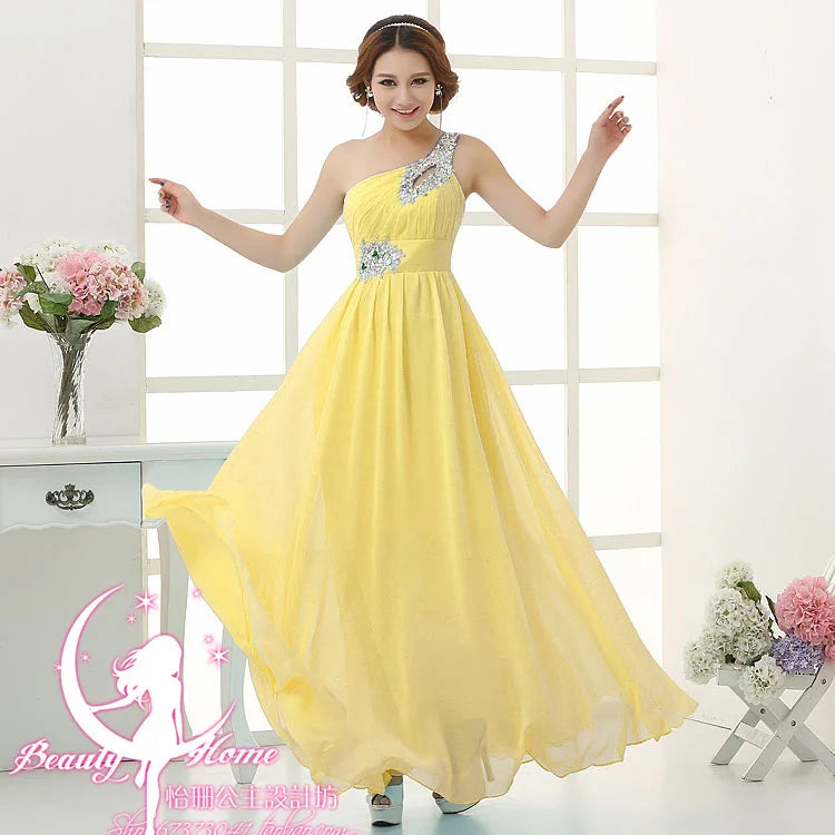 M108 Customized One Shoulder Chiffon Bridesmaid Dresses Bride Crystal Acrylic Diamond Jewelry Sexy Bespoke Occasion Dress Long