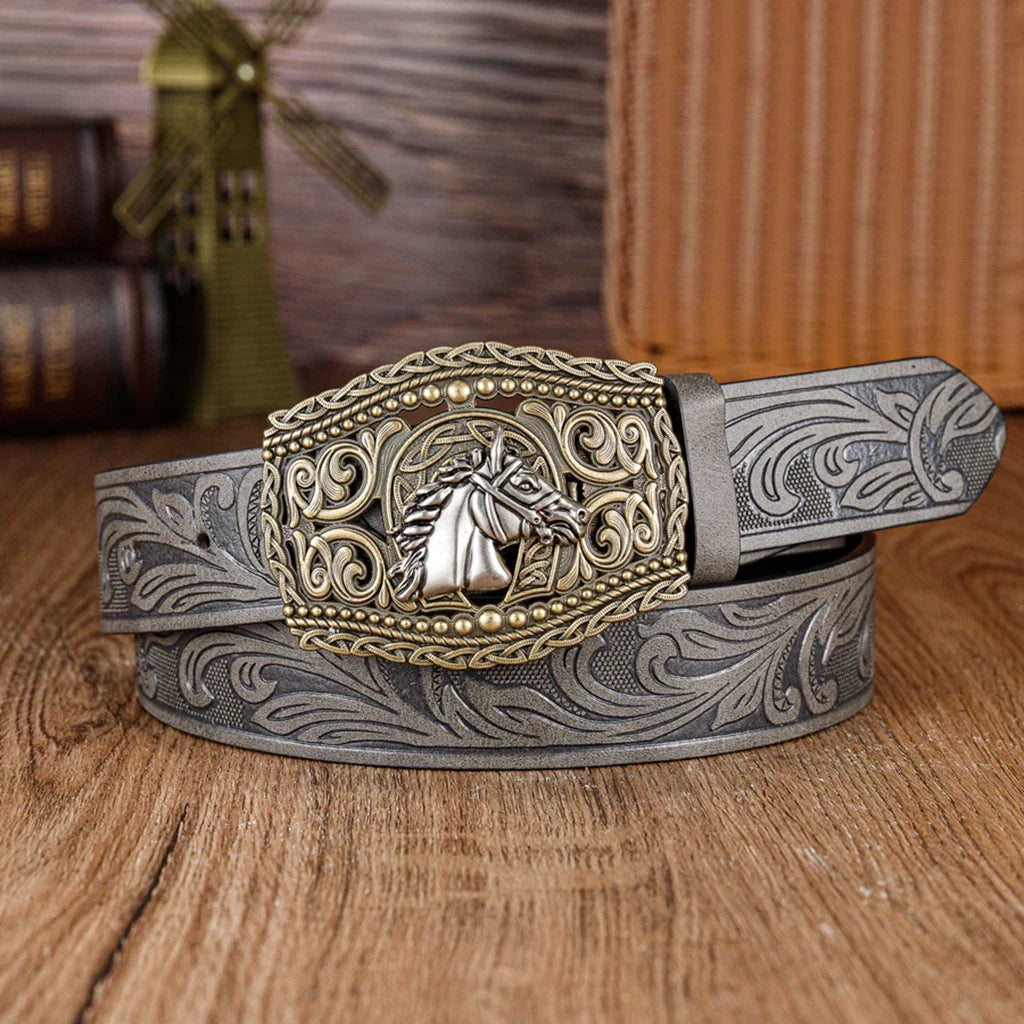 The hollowed-out lace horse-head large board buckle PU embossed belt is a trendy, fashionable and versatile belt