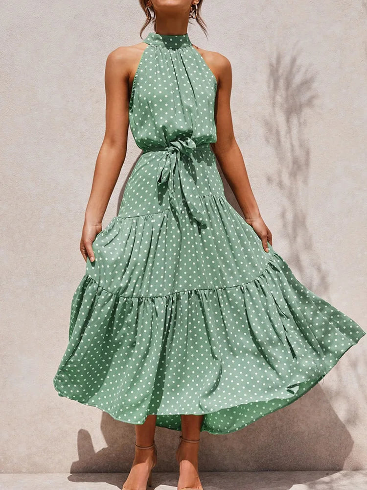 Boho Long Dress Women Flower Print Retro Party Dresses Female Shoulderless Lace Up Sleeveless Halter Summer Vintage Maxi Dress